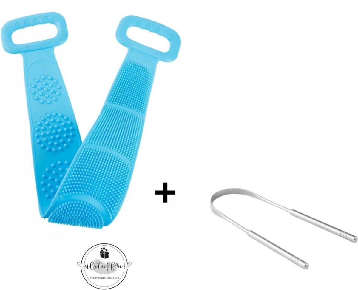 NLStuff4u - Ergonomische Rug Schrubber + Gratis Tongreiniger - Blauw - Rug Schrobber - Rug Borstel - Lichaamsborstel - Douchborstel - Badborstel - Massage Borstel Dubbelzijdig