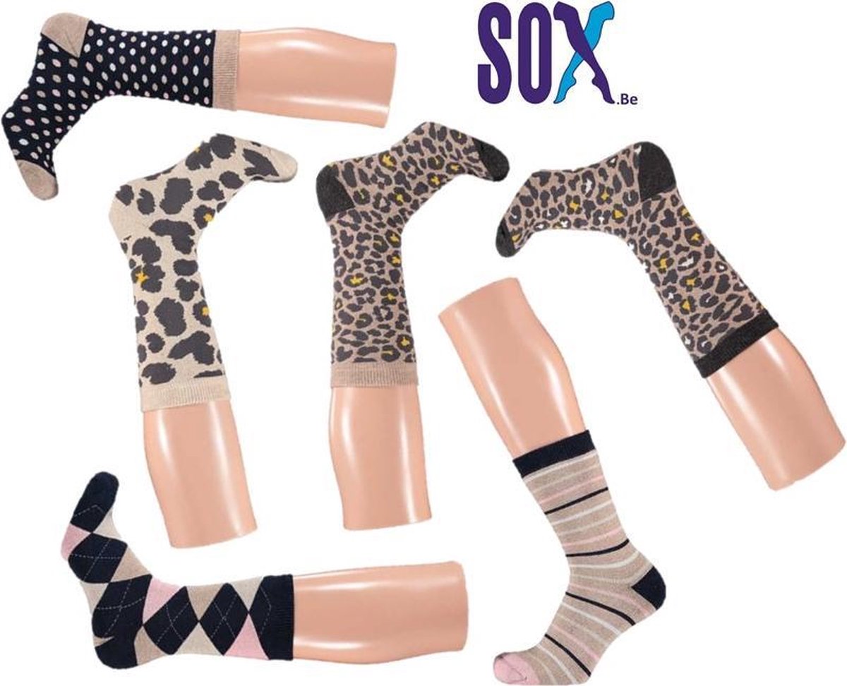 SOX Thermische Full Terry Damessok 37/42 Fantasie Marine/beige/roze naadloos 6 PACK