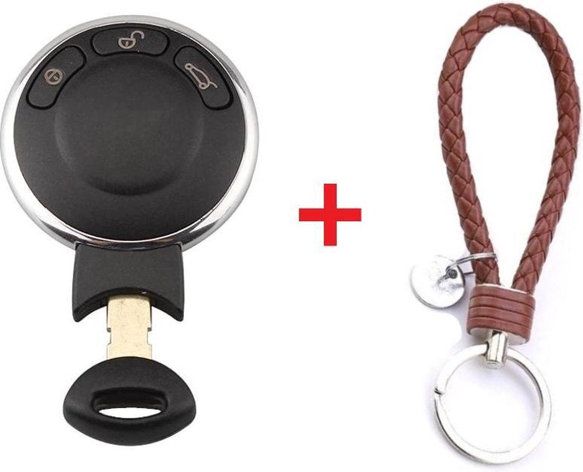 Autosleutel 3 knoppen smart key HU200ARS8 geschikt voor Bmw  Mini Cooper Clubman / Mini countryman / Mini paceman / Mini roadster / Mini cabrio / sleutelbehuizing / Mini autosleutel +  gevlochten bruin PU-lederen sleutelhanger.