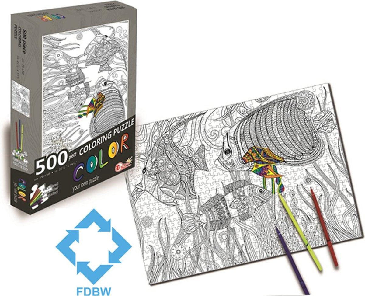 Puzzel Kleuren Volwassenen - Legpuzzel 500 stukjes - Vissen | Kleurplaat Puzzel | Kleurpuzzels voor Volwassenen - Kinderen Puzzel | Puzzel Kleurplaat  - Vis