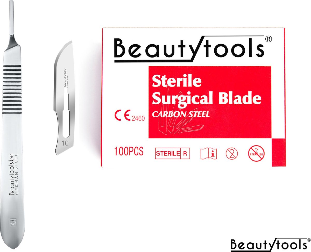 BeautyTools Set Scalpels met Bistouri Houder nr. 3 + Scalpel Mesjes nr. 10 (100 stuks) - Steriel Verpakt (BP-0645)