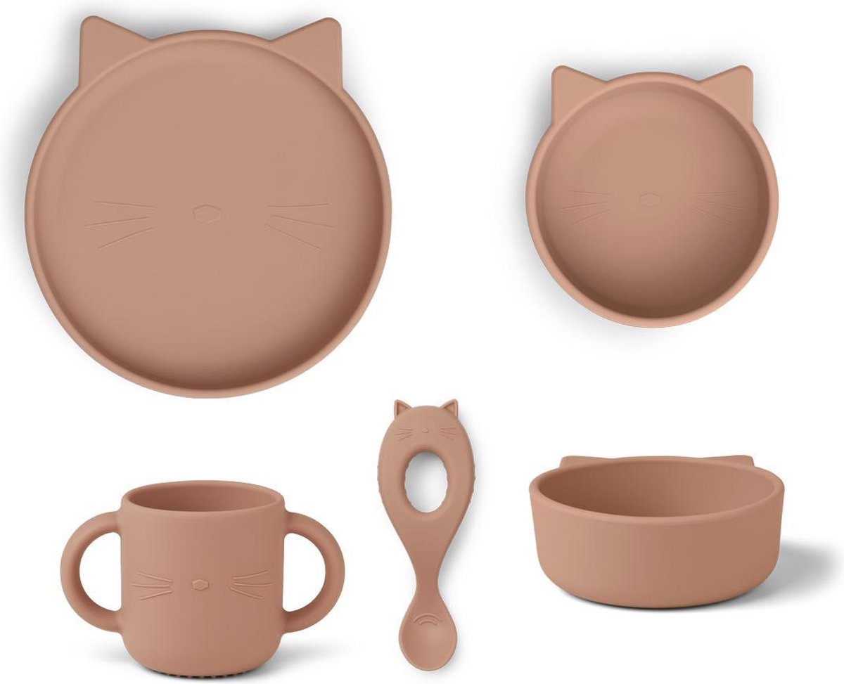 Vivi Complete Eetset | Silicone Set Cat Dark Rose | Liewood
