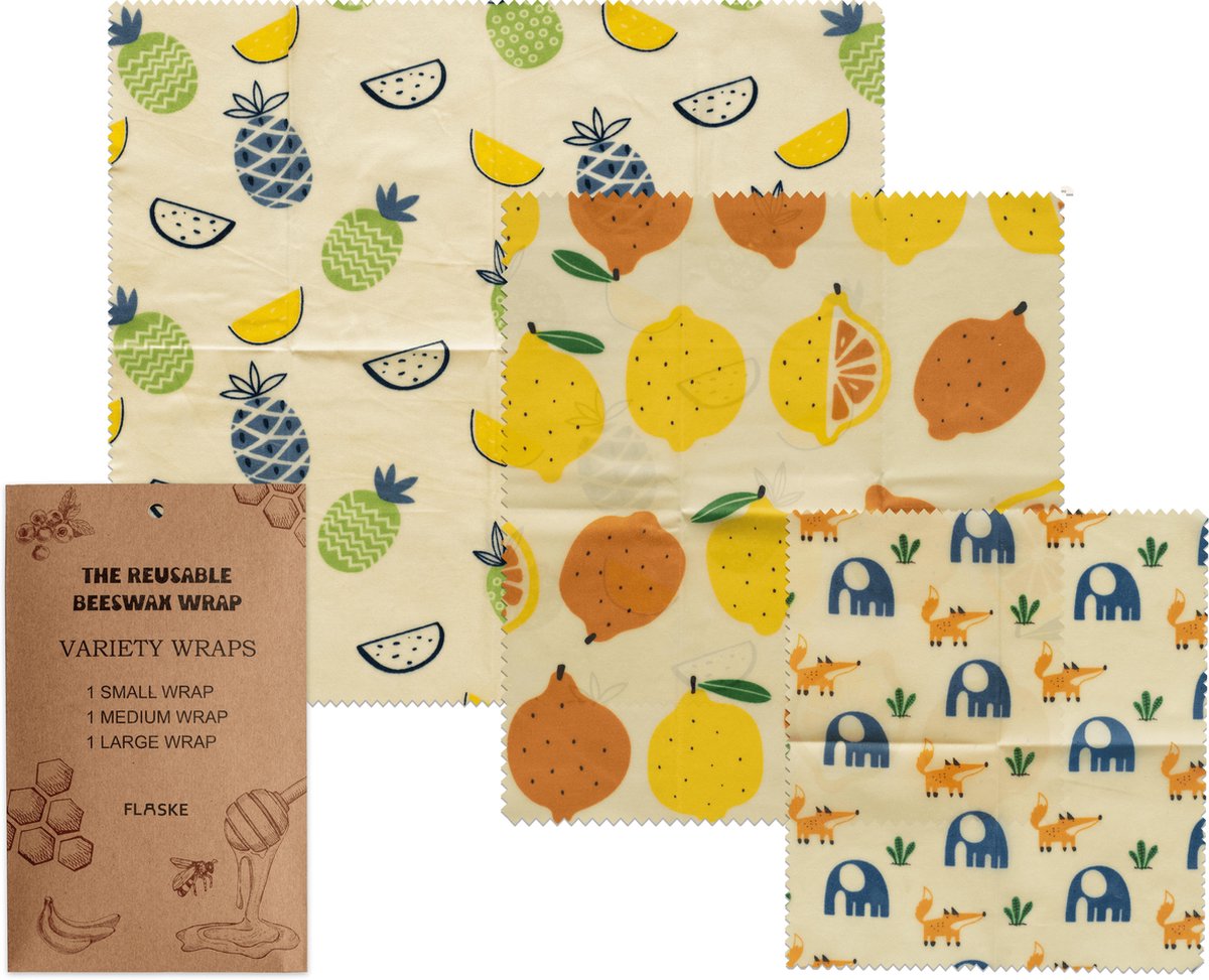 FLASKE - Bijenwas - Beeswax wraps - 3 designs - 3 maten