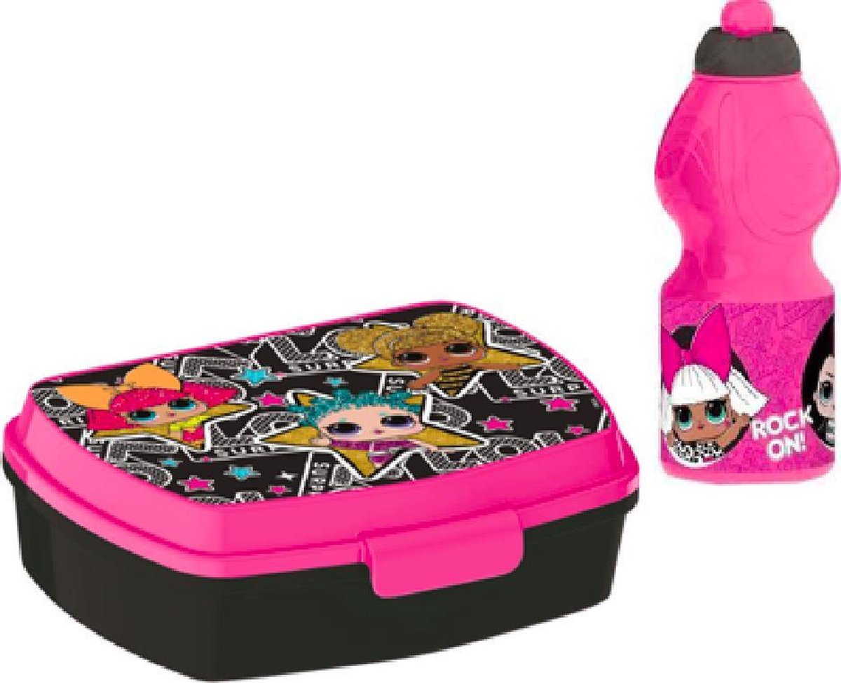 LOL Surprise brooddoos (17 cm - 13 cm - 6 cm) + Drinkfles (18 cm hoog - 400 ml)