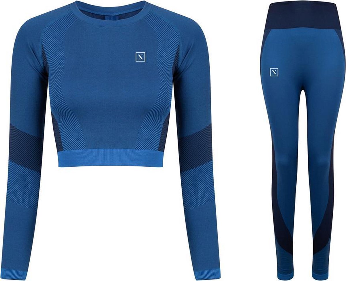 LXURY Tech Crop Trainingspak Maat XXS/XS - Blauw - Naadloze Sport Shirt - Naveltruitje - Dames Crop Top - Yoga & Fitness - Trainings outfit - Fitness top - Sport pak - Vrouwen Trainingspak Compleet