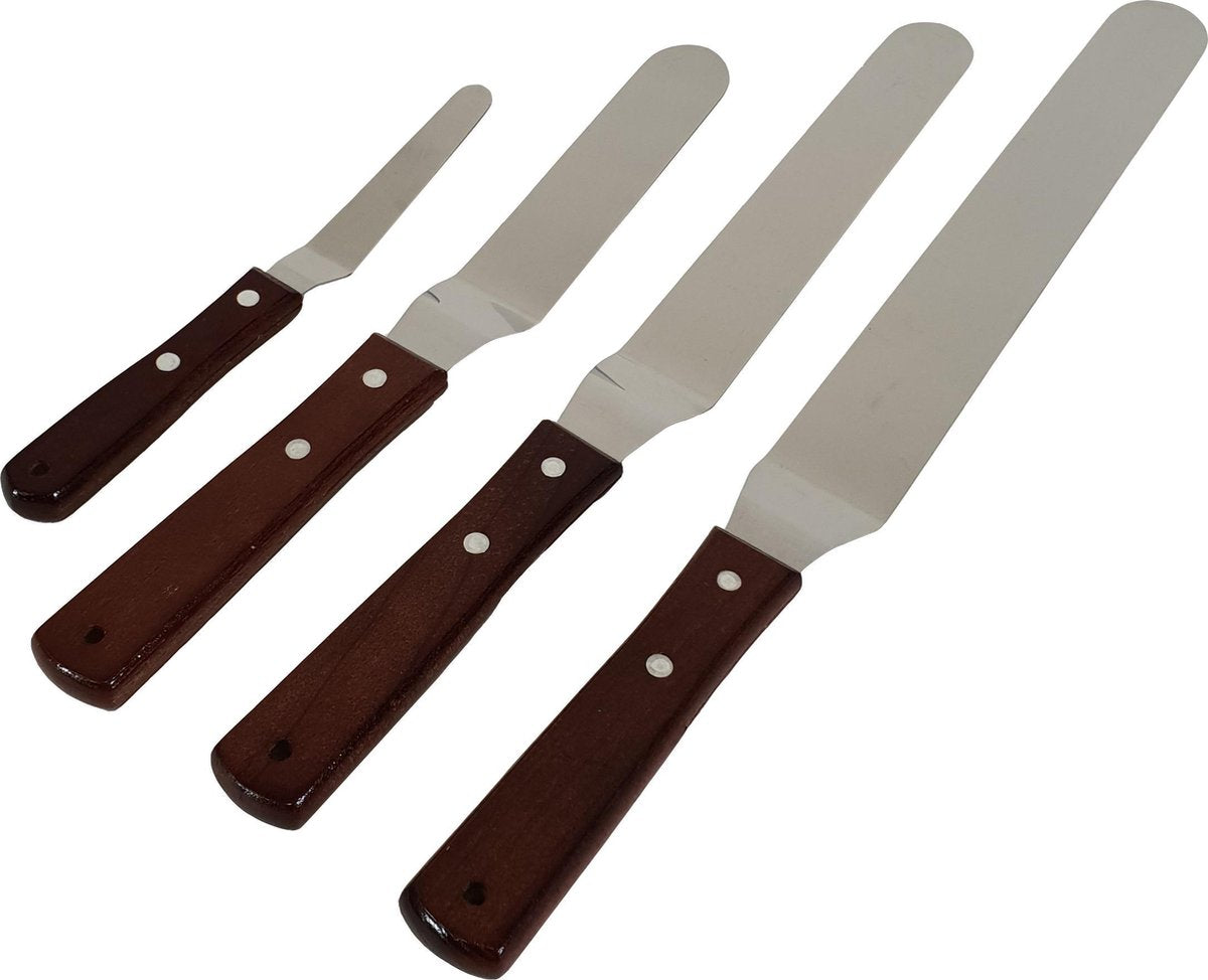 Krumble Patisserie set | spatel set | glaceermes set van 4 spatels RVS met houten handvat