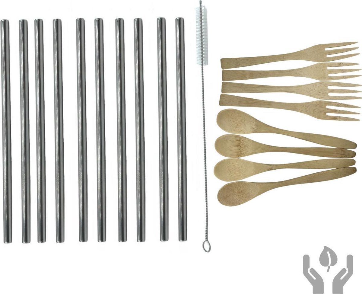 green-goose® Bamboe Bestek en Drink Set | 4 x Lepel en 4 x Vork | 10 x Metalen Rietjes | Schoonmaakborstel | Herbruikbaar Bestek | Herbruikbare Rietjes