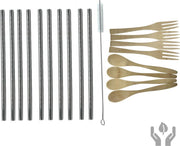 green-goose® Bamboe Bestek en Drink Set | 4 x Lepel en 4 x Vork | 10 x Metalen Rietjes | Schoonmaakborstel | Herbruikbaar Bestek | Herbruikbare Rietjes