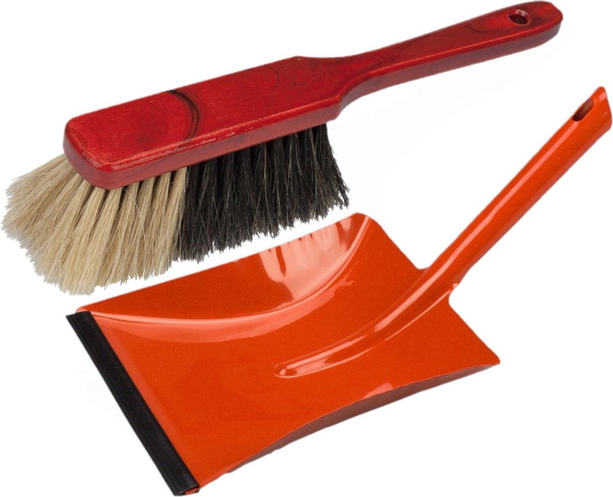 Stoffer en blik rood van metaal/gelakt mahonie hout met lip voor binnen - Zachte borstel/handveger