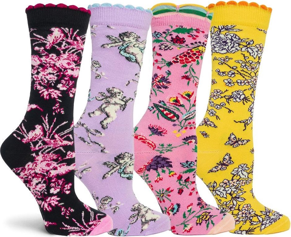 OZONE | Set van 4 Dames Sokken | Toile De Jouy Collectie | Unisize | Comfort en stijl | Geschenkset | Bloemen