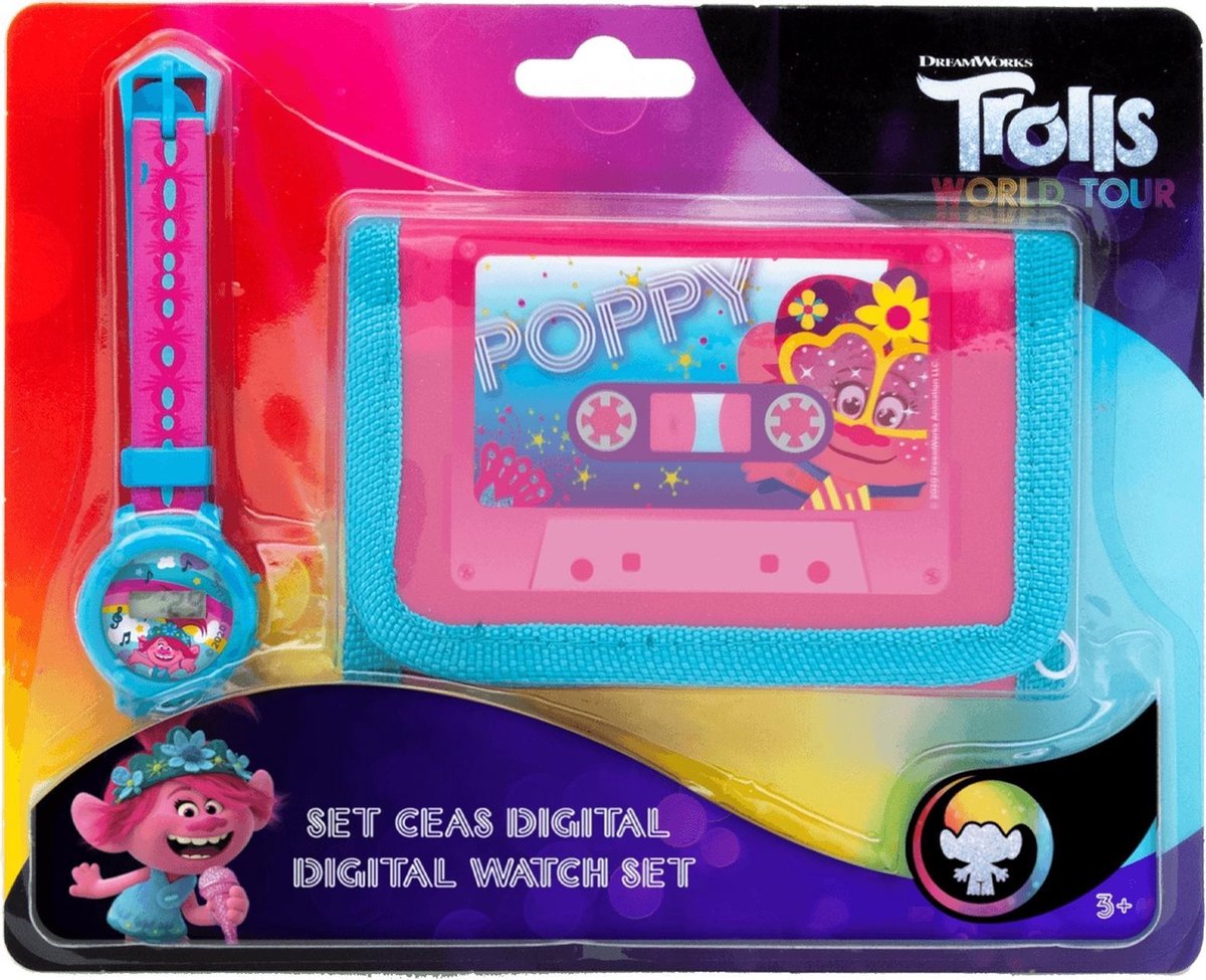Trolls Horloge & Portemonnee Meisjes 10 Cm Blauw/roze 2-delig
