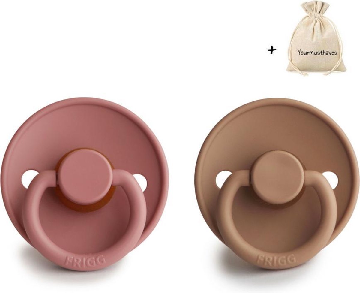 FRIGG | Fopspeen Duo | T1 | 0-6 maanden | Classic | Silicone | Powder Blush + Peach Bronze | Met YOURMUSTHAVES speenzakje