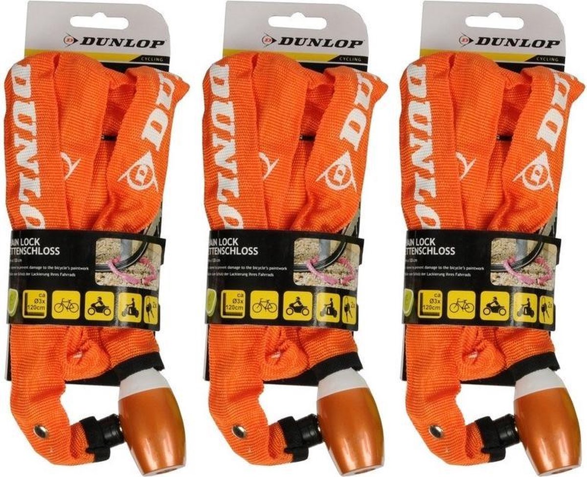 3x Oranje kettingslot Dunlop 120 cm - Kettingsloten voor fiets/scooter/motor