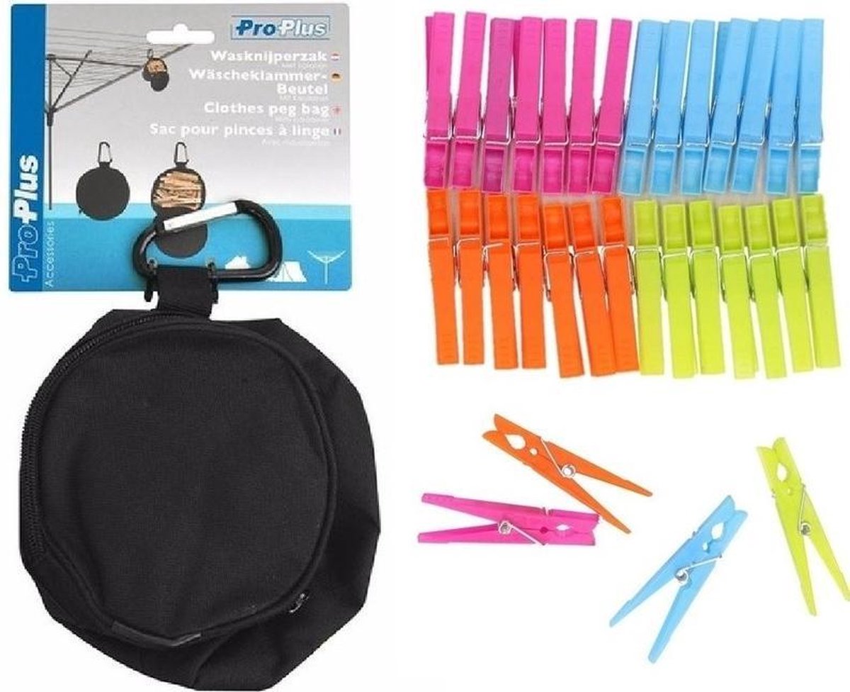 Wasknijperzak met karabijn - 96 plastic gekleurde knijpers - knijperzak