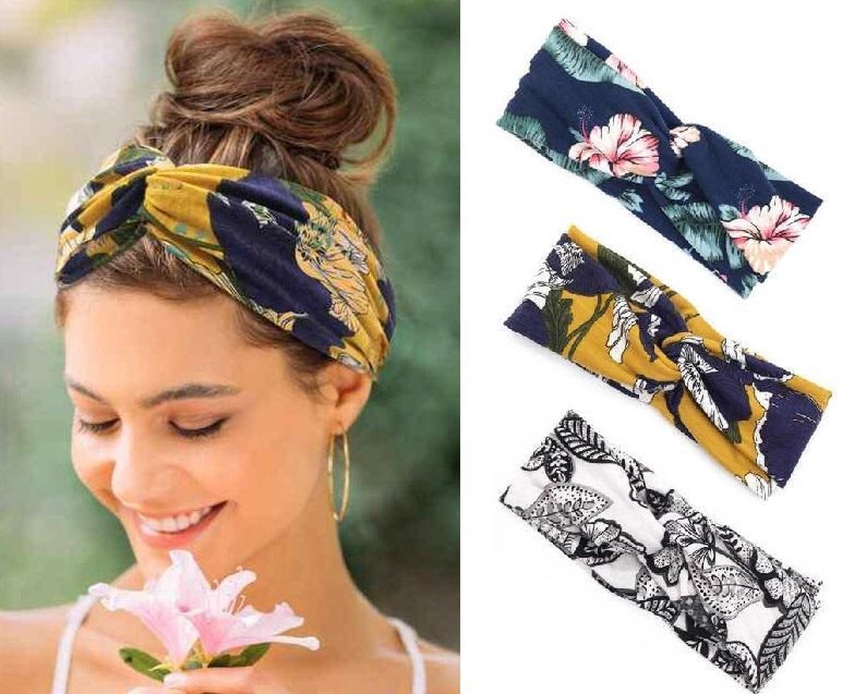 MINIIYOU® Set 3 stuks dames haarbanden gebloemd - meiden - tieners - vrouwen - volwassenen haarbanden gebloemd | haarband bloemenprint met knoop