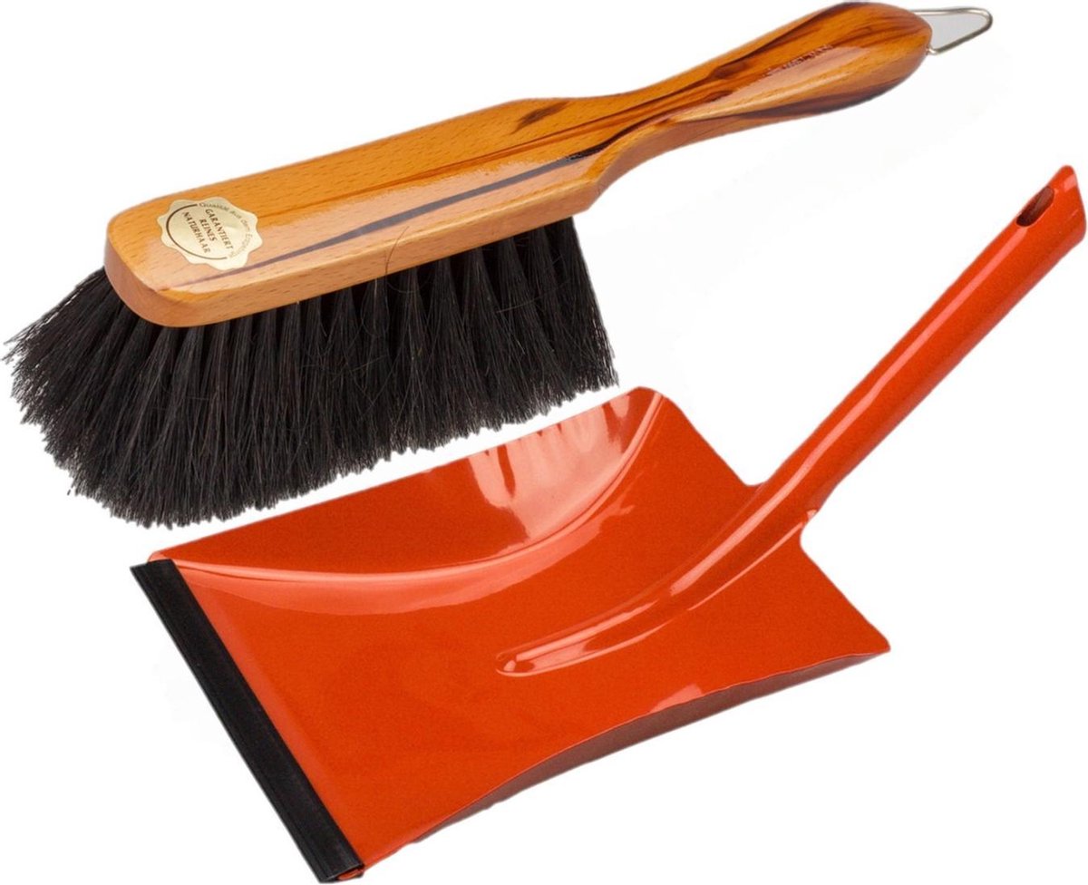 Stoffer en blik rood van metaal/gelakt hout met lip voor binnen - Zachte borstel/handveger