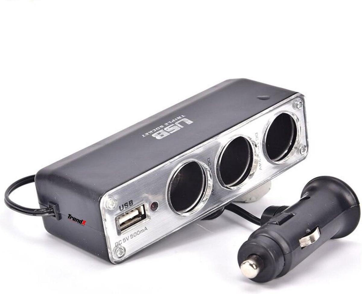 3 in 1 Aansteker Aansluitingen met USB poort - RVS - Autolader - Auto Sigarettenaansteker Distributeur - Drievoudige Auto Lader Splitter