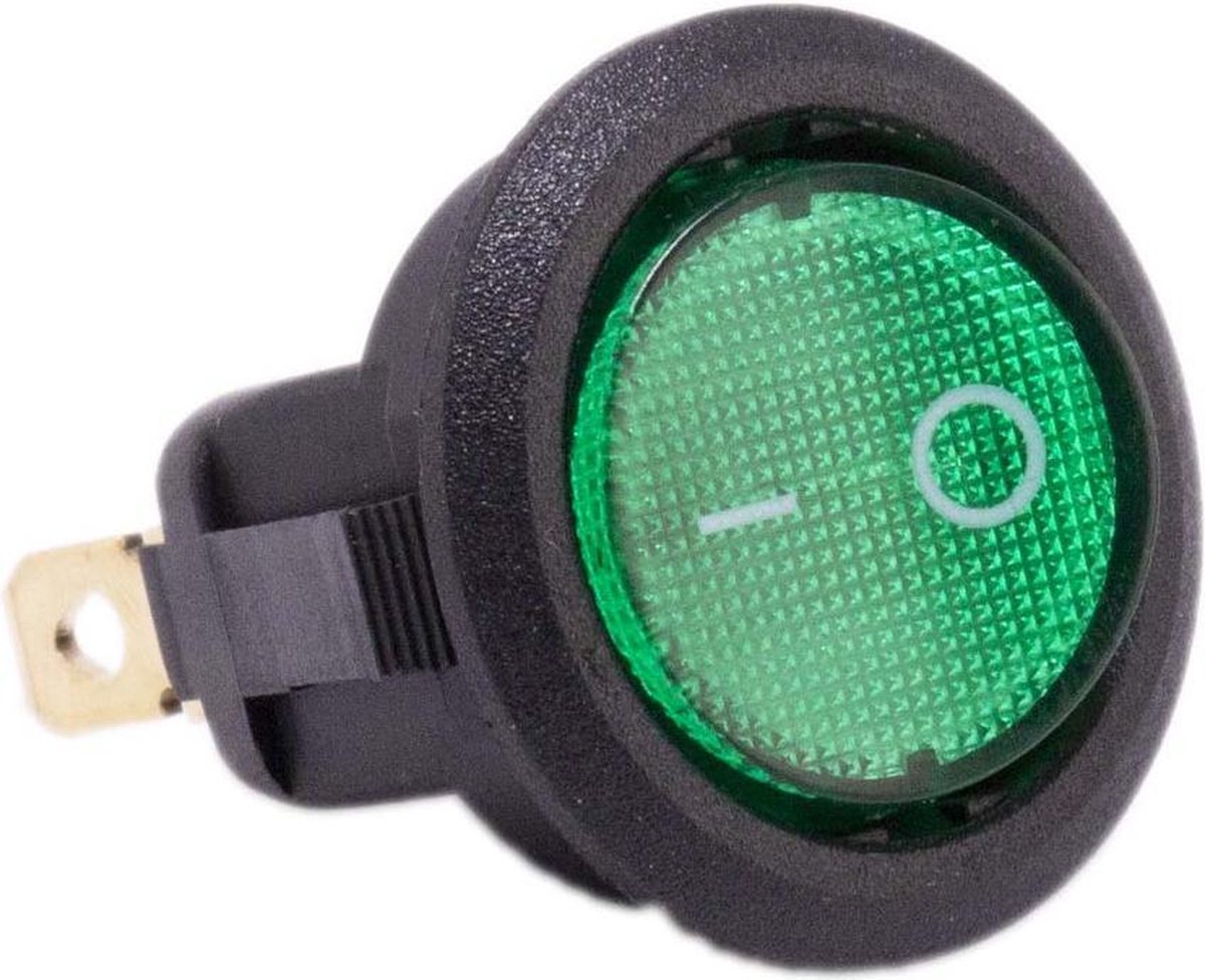 Schakelaar 12V aan uit groen rond met LED voor elektrische kinderauto - kindermotor - kinderquad - kindertractor - accuvoertuig