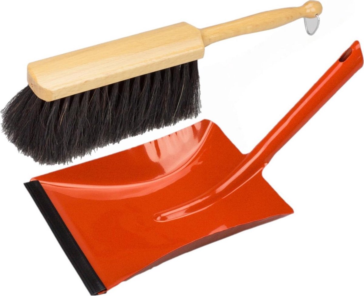 Stoffer en blik rood van metaal/hout met lip voor binnen - Zachte borstel/handveger