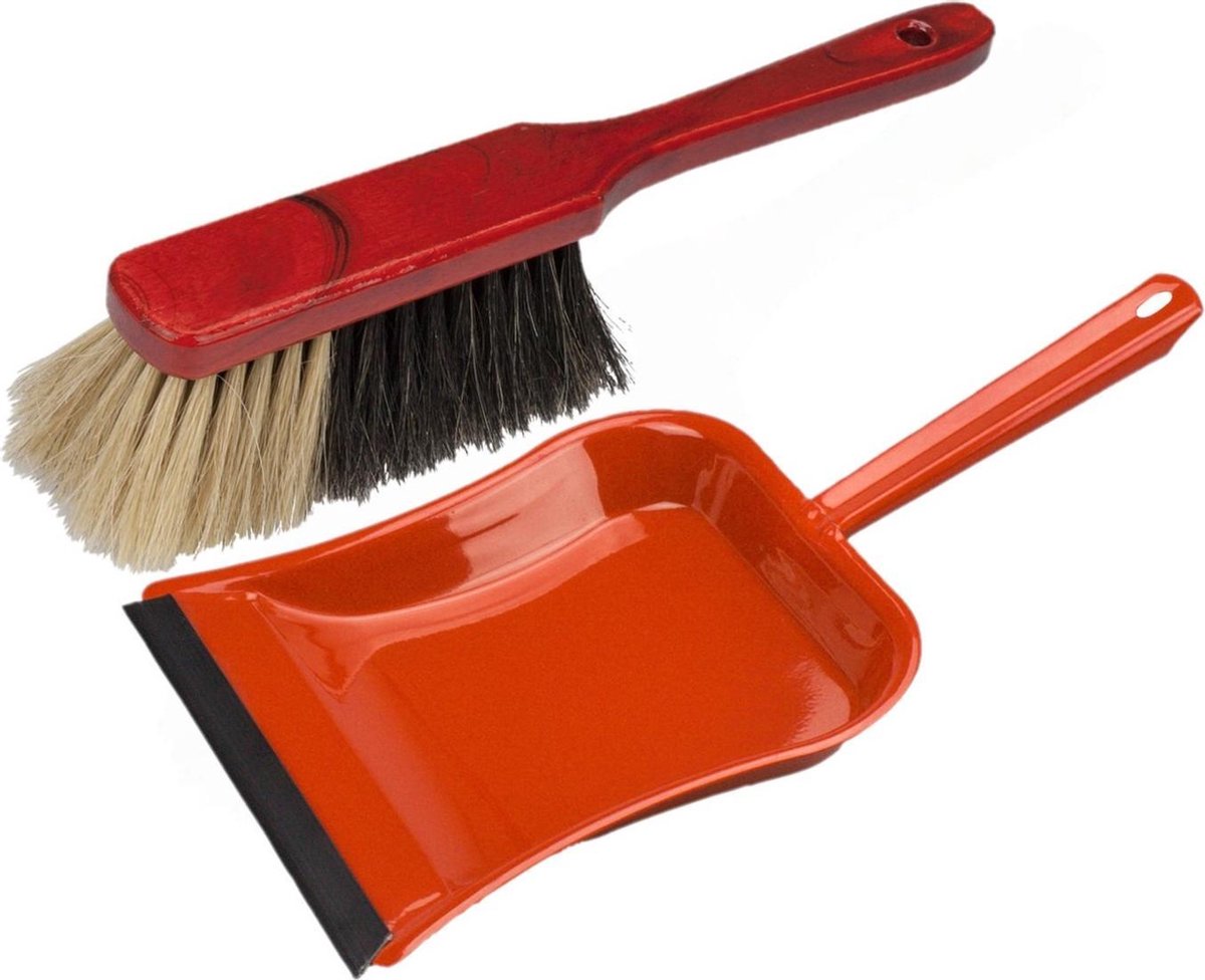 Stoffer en blik rood van metaal/gelakt mahonie hout met lip voor binnen - Zachte borstel/handveger