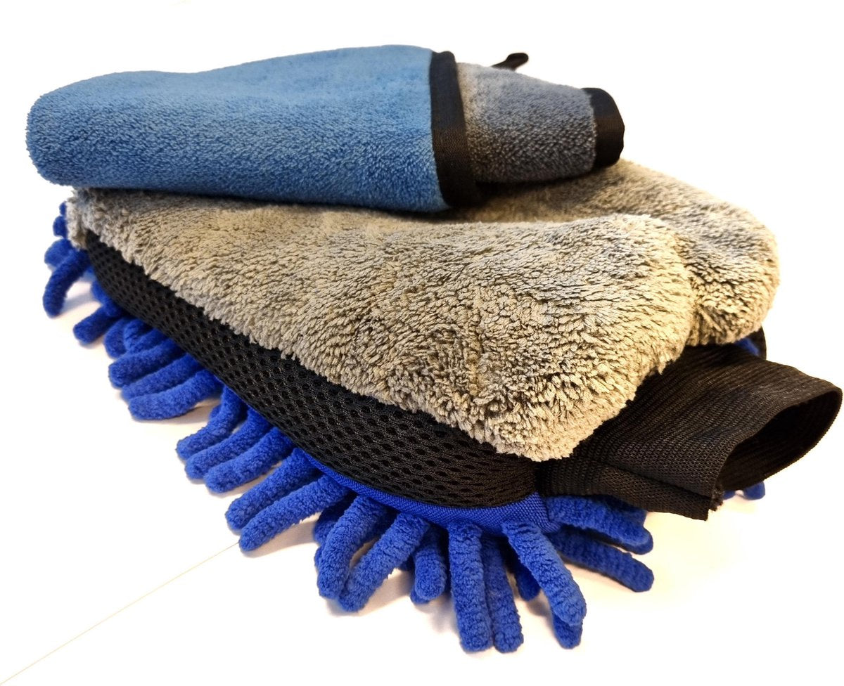 Gadgetpoint | Auto Washandschoen + Doek | Schoonmaakspons | Auto Wassen | Spons | Schoonmaakdoek | Grijs/Blauw