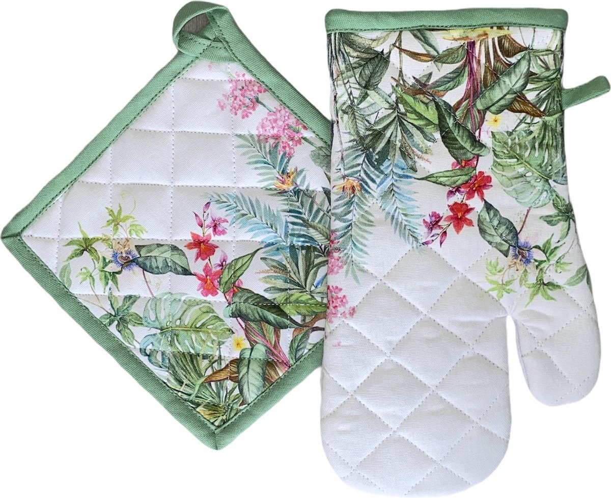 Ovenwant & Pannenlap Set | 100% Katoen | Ovenwanten | Ovenhandschoenen | Pannenlap | Pannenlappen | Hittebestendig | Keuken | Koken | Grip | Planten | Bloemen | Groen | Wit | Geruit |