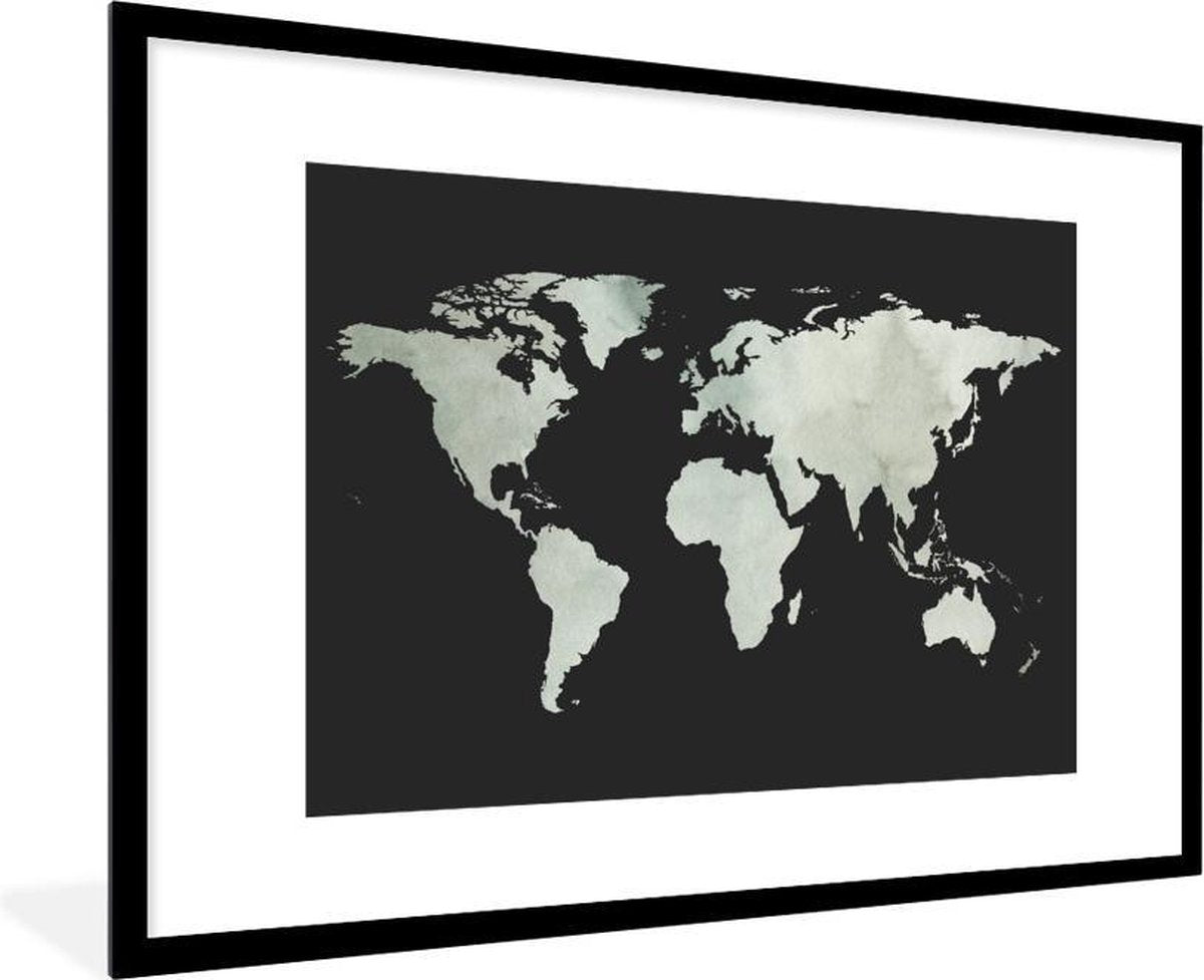 Poster met lijst Wereldkaart - Grijs - Zwart - 90x60 cm