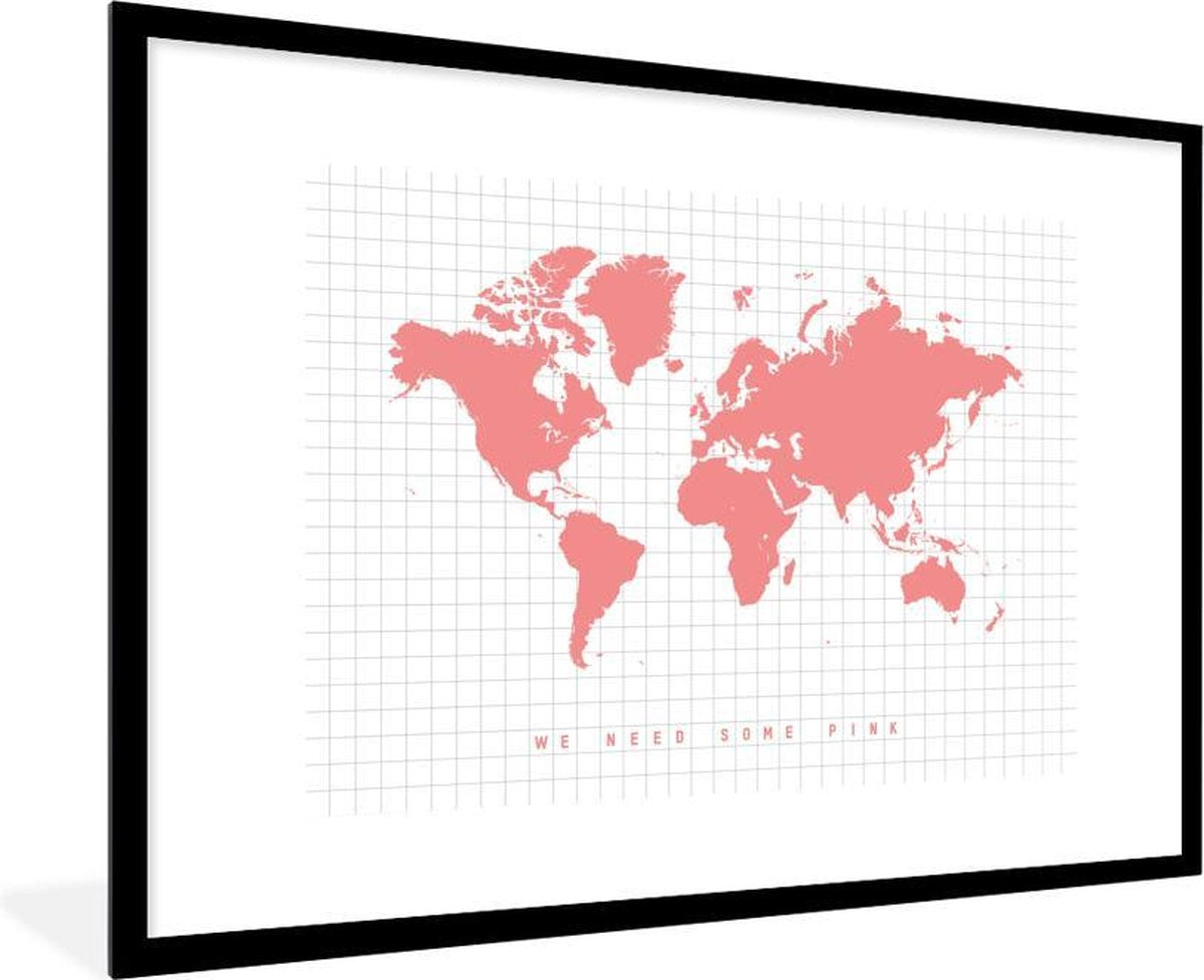 Poster met lijst Wereldkaarten - Wereldkaart - Roze - Quote - fotolijst zwart - 90x60 cm - Poster met lijst