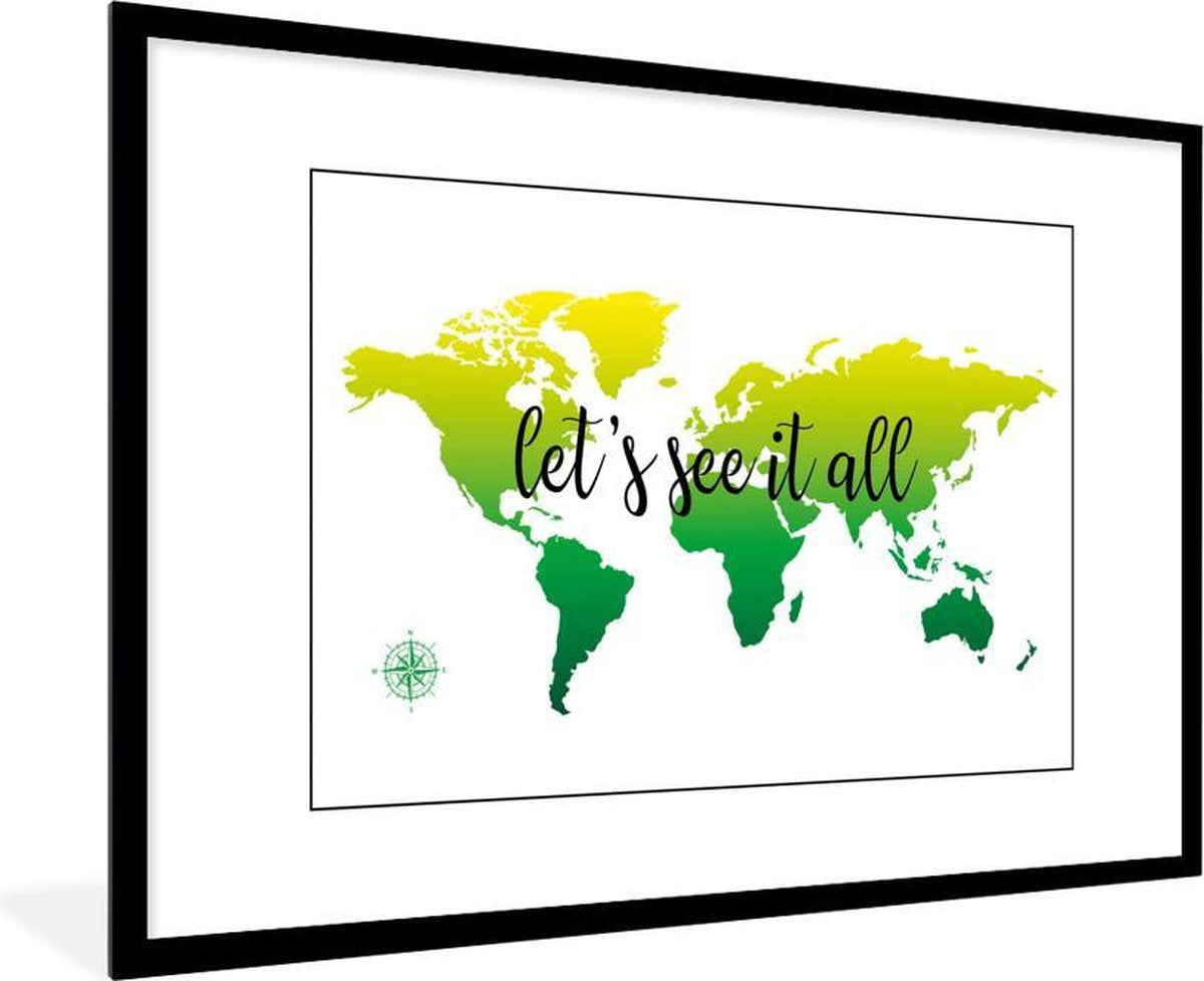 Poster met lijst Wereldkaart - Groen - Kompas - 90x60 cm