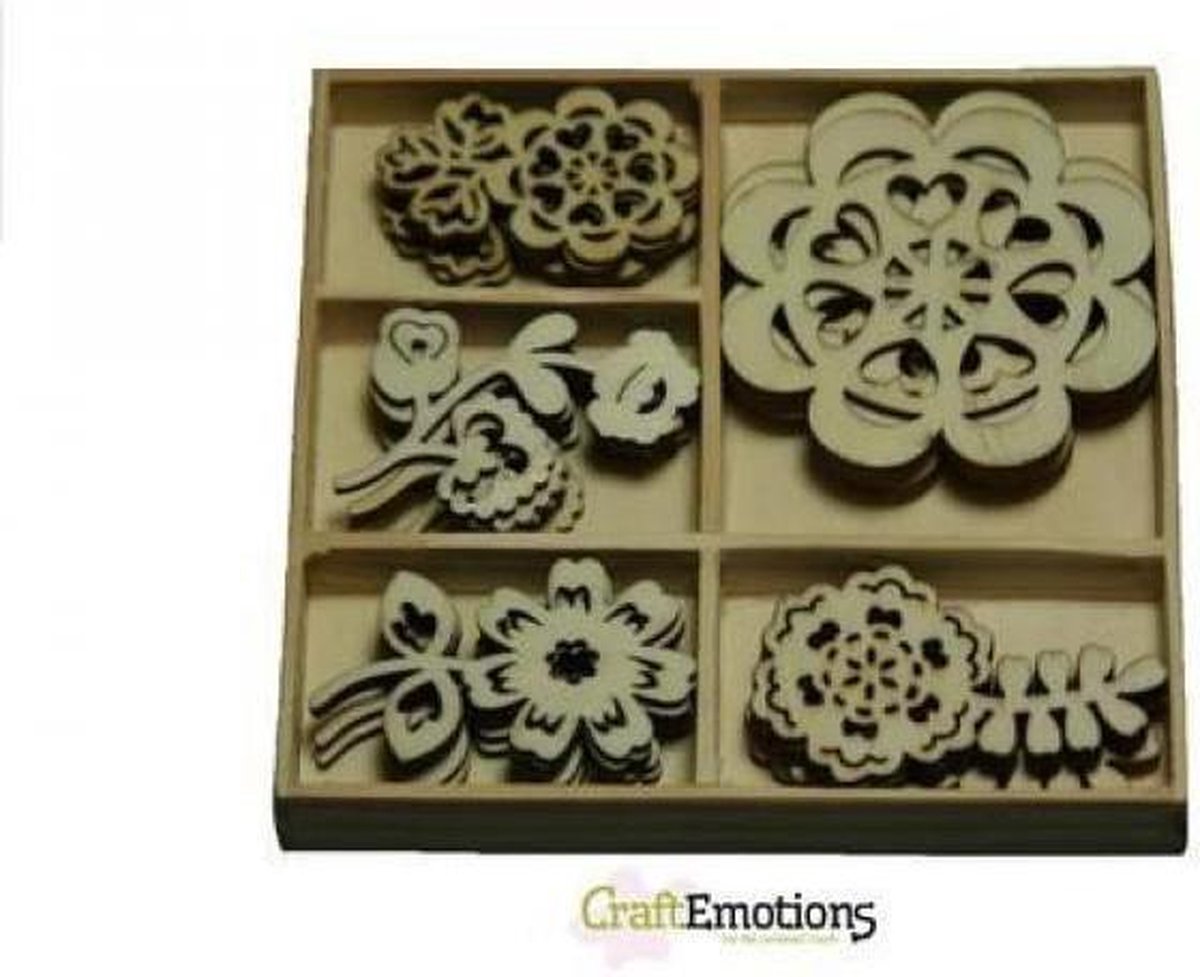 Houten ornamenten doosje Folklore bloemen 25 stuks