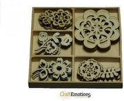 Houten ornamenten doosje Folklore bloemen 25 stuks