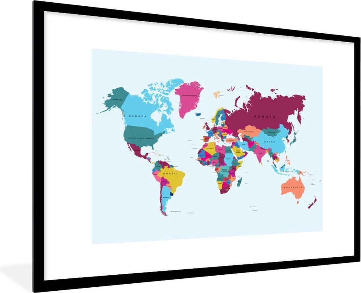 Poster met lijst Wereldkaart - Trendy - Kleurrijk - 90x60 cm