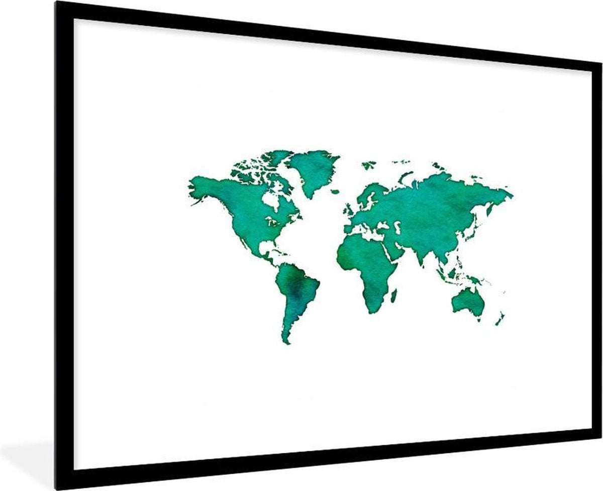 Poster met lijst Wereldkaart - Waterverf - Groen - 90x60 cm