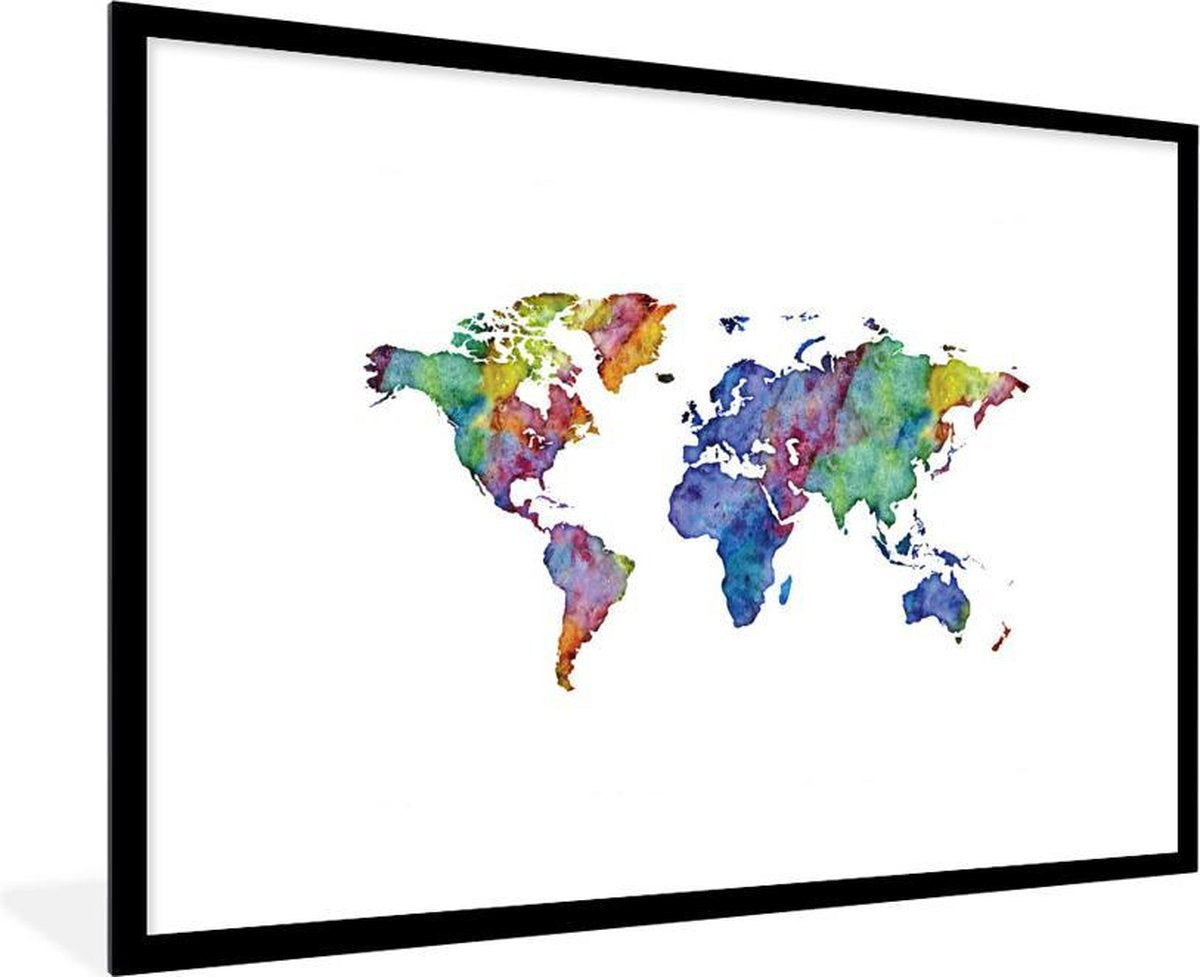 Poster met lijst Wereldkaart - Waterverf - Regenboog - 90x60 cm