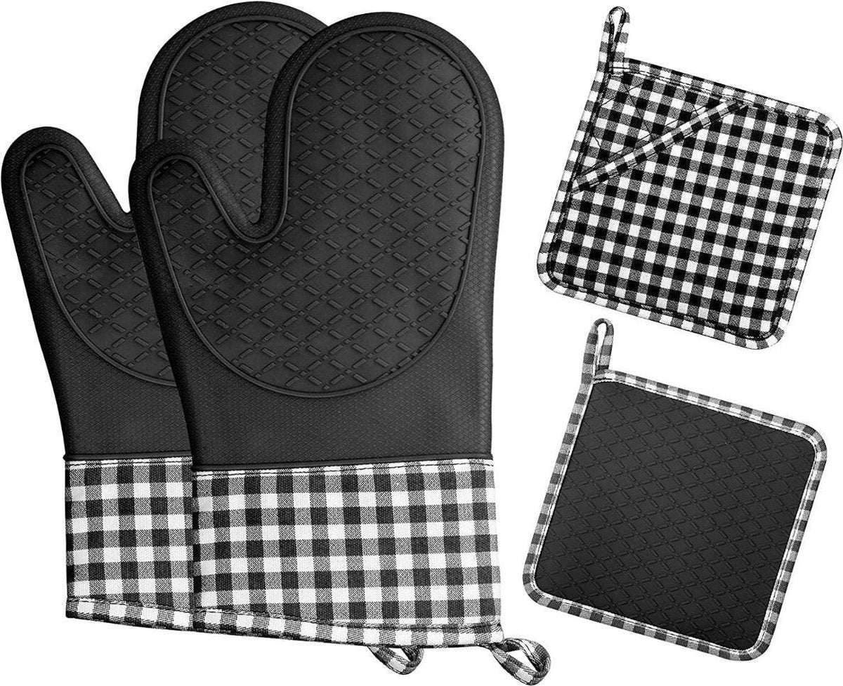 Ovenwanten Hittebestendig Katoen Silicone Set Koken Keuken Ovenhandschoenen Elegant Zwart Inclusief Pannenlappen