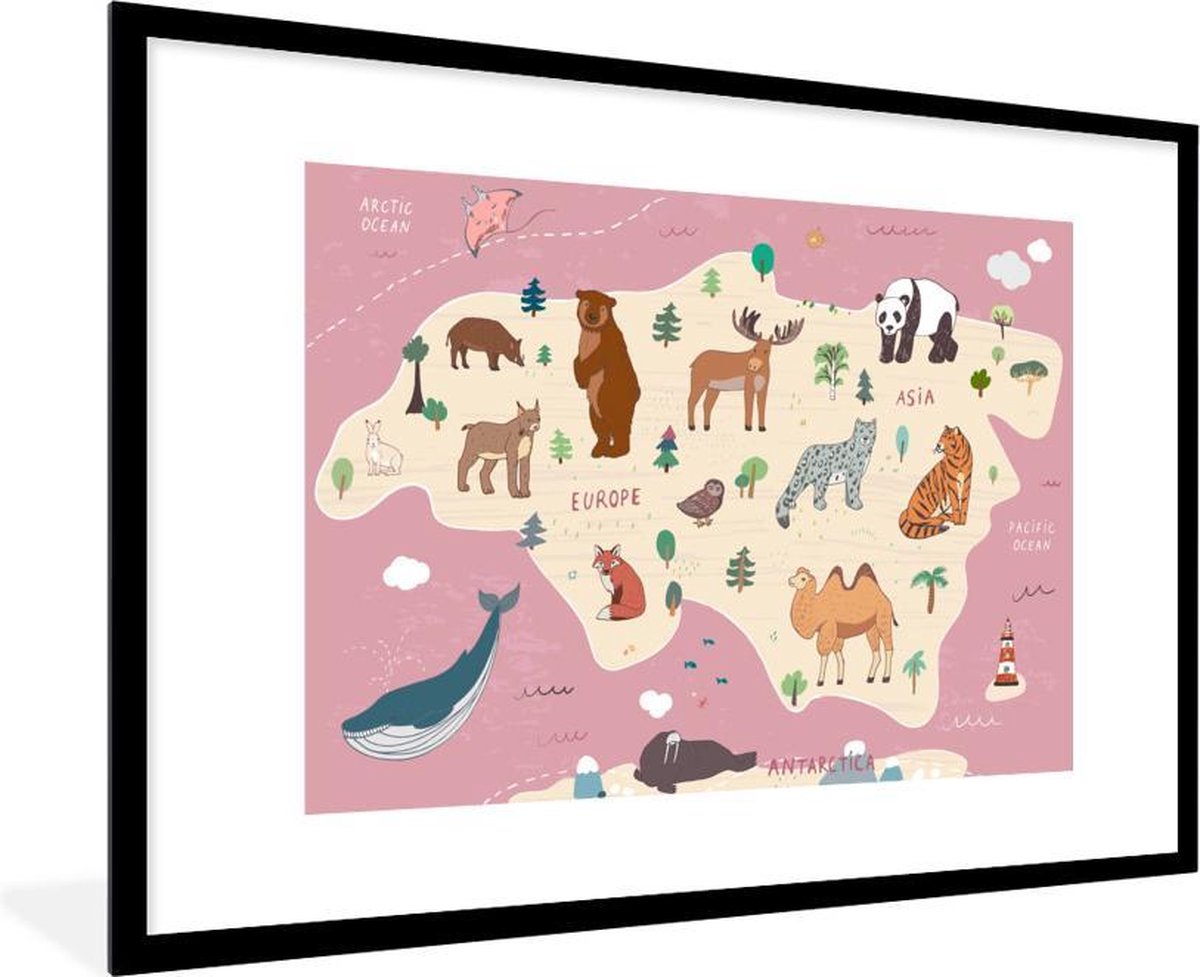 Wereldkaart kinderen - Roze - Dieren