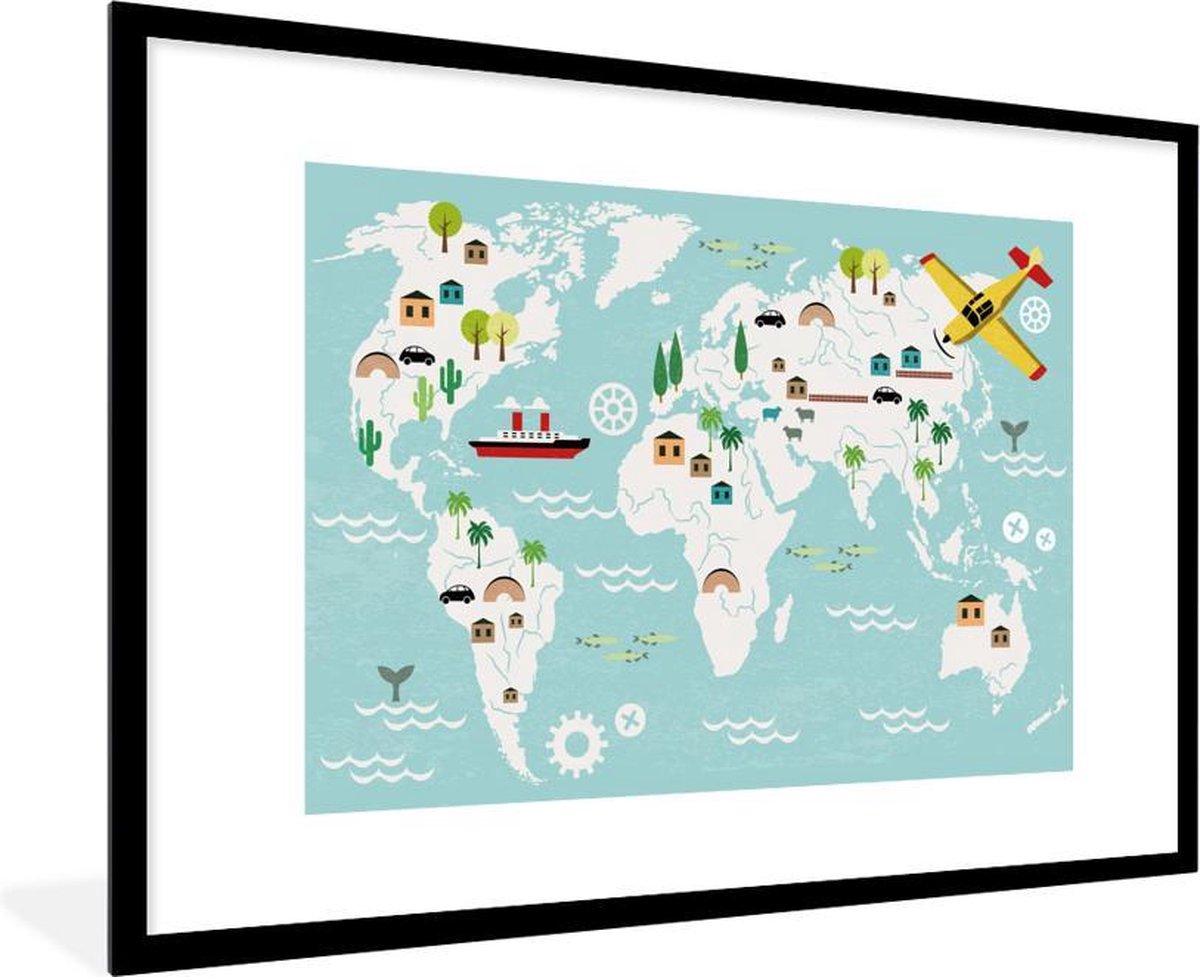 Wereldkaart Kinderen - Vliegtuig - Natuur - Schoolplaat - Kinderkamer - 90x60 cm