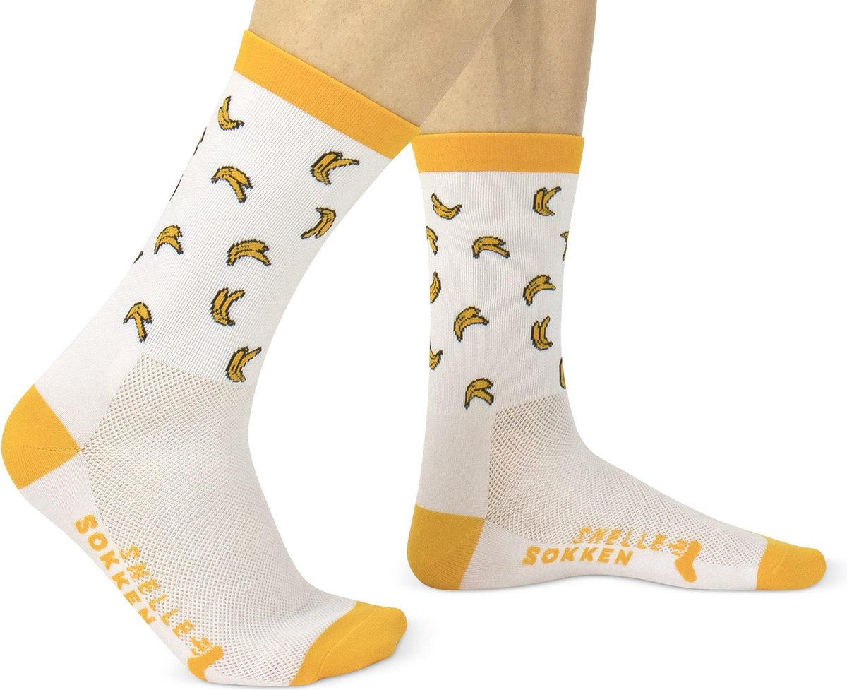 Vrolijke Fietssokken- Bananen print - Wit/geel - Maat 39-45