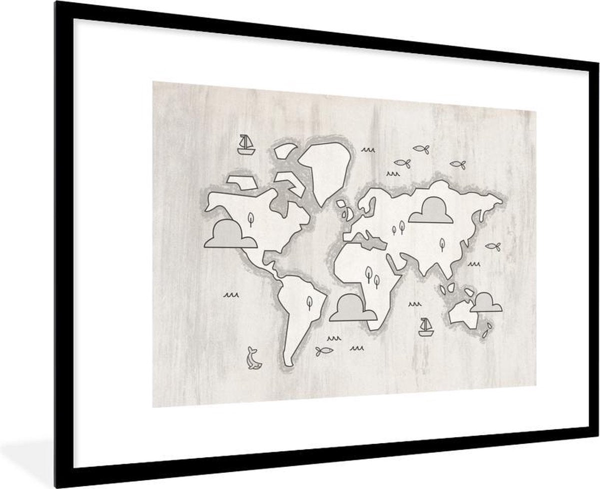 Wereldkaart Kinderen - Simpel - Grijs - Schoolplaat - Kinderkamer - 90x60 cm