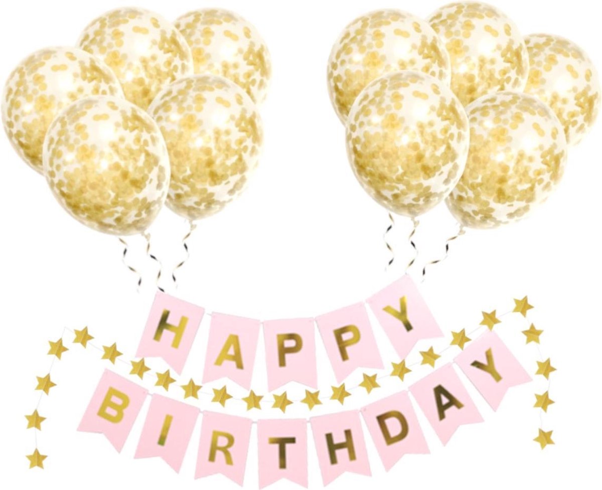 Happy Birthday Slinger Set Verjaardag Versiering Gouden Confetti Helium Ballonnen Verjaardag Versiering Roze & Goud