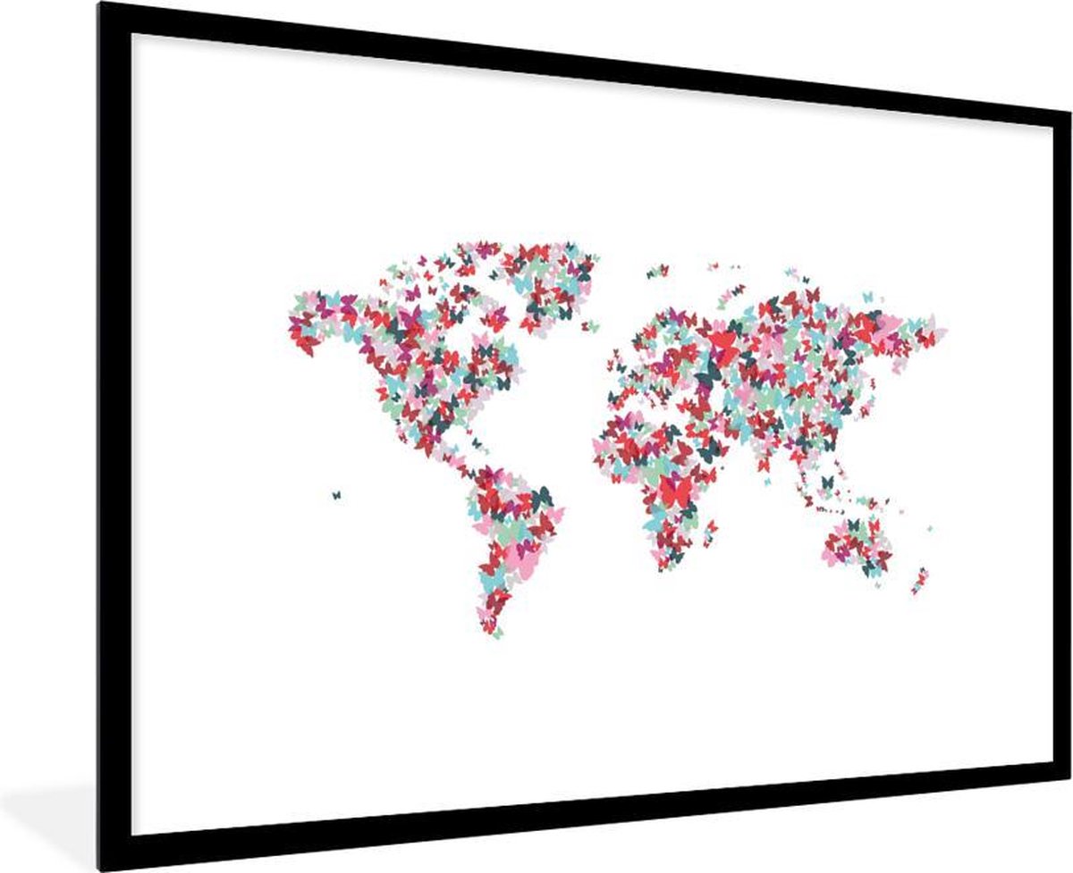 Poster met lijst Wereldkaarten - Wereldkaart - Kleuren - Vlinders - fotolijst zwart - 90x60 cm - Poster met lijst