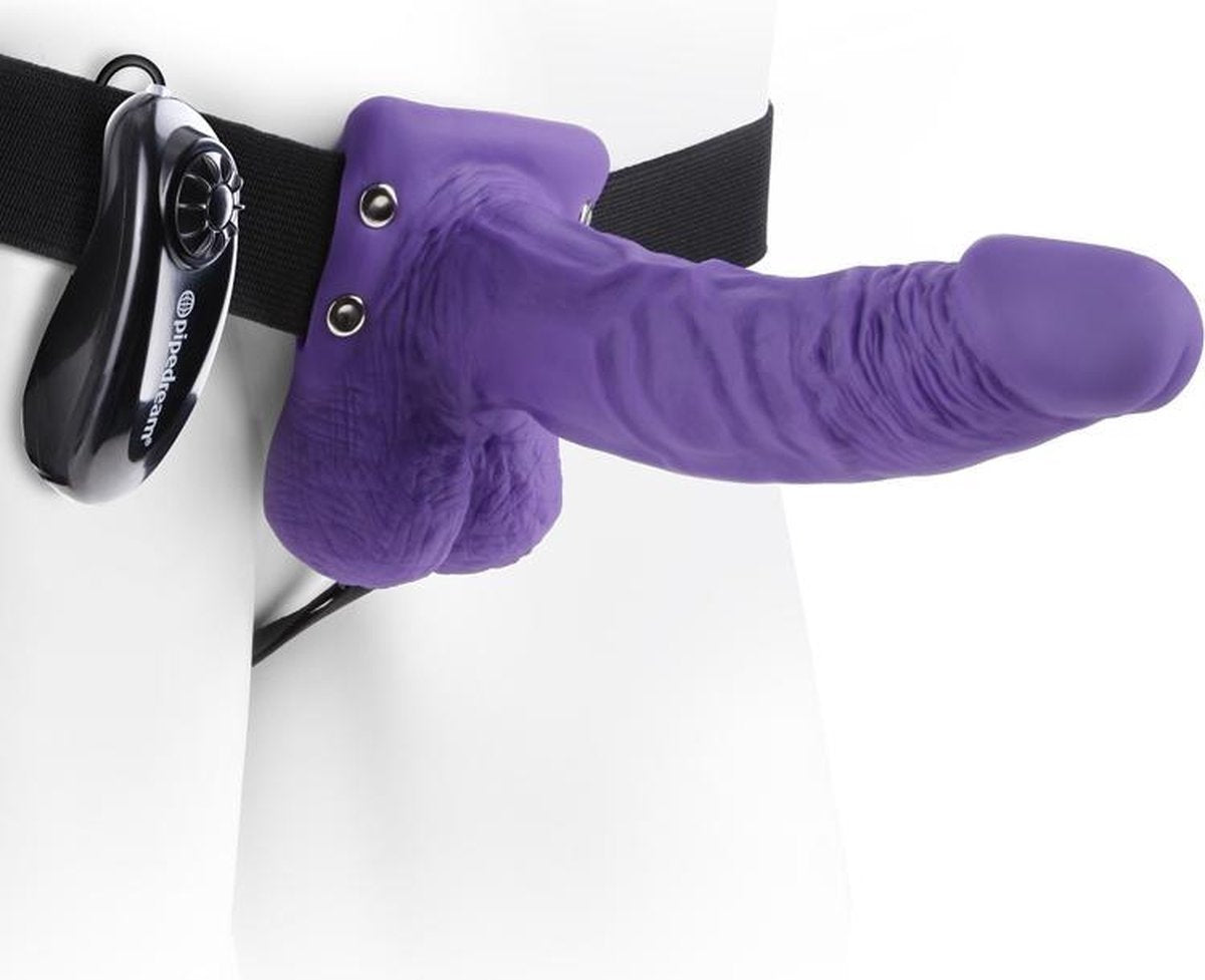 Vibrating Hollow Strap-On with Balls - 7 Inch - Purple - Strap On Vibrators -