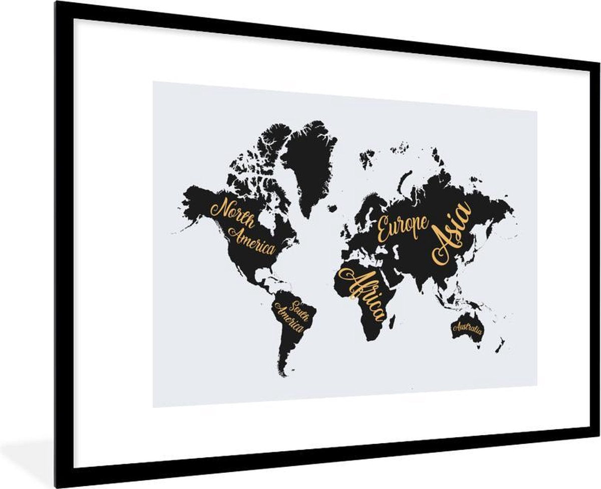 Poster met lijst Wereldkaart - Letters - Goud - 90x60 cm