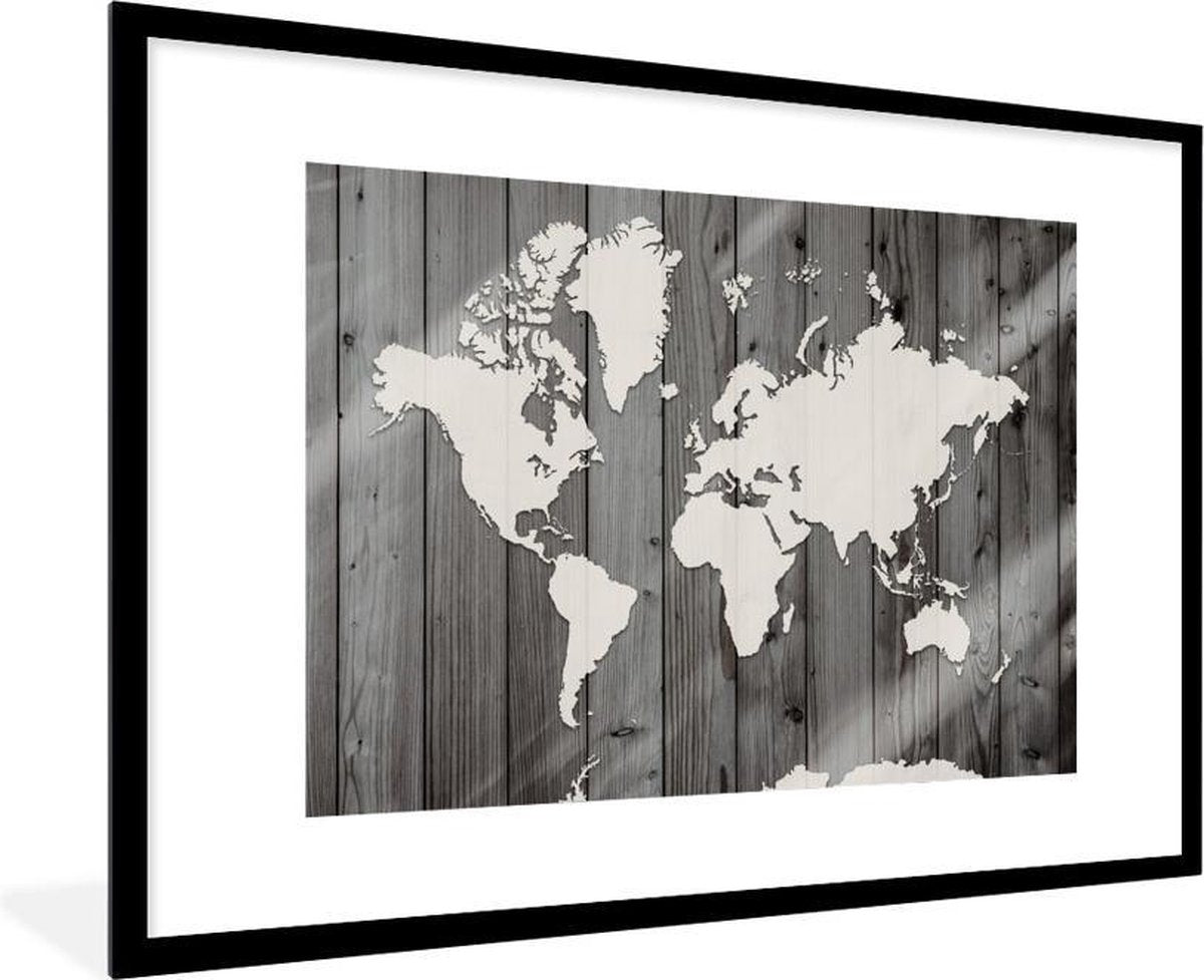 Poster met lijst Wereldkaart - Hout - Zwart - Wit - 90x60 cm