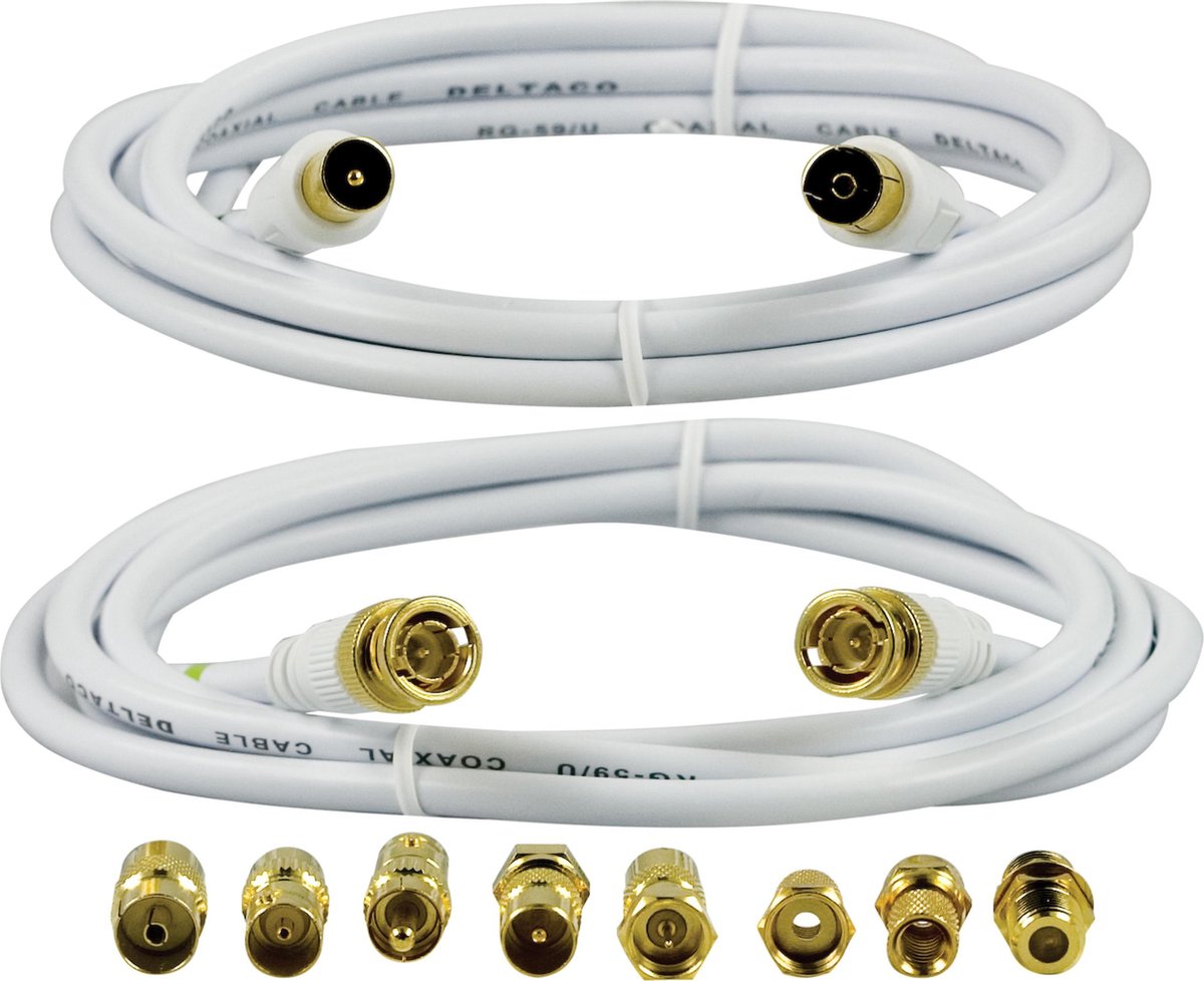 DELTACO MM-91V kabelset met RG59 kabels en adapters - 3m - Wit