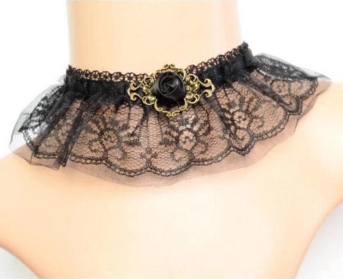 Choker zwart kant burlesque kraagje - collar ketting victoriaans sexy zwarte steampunk 9