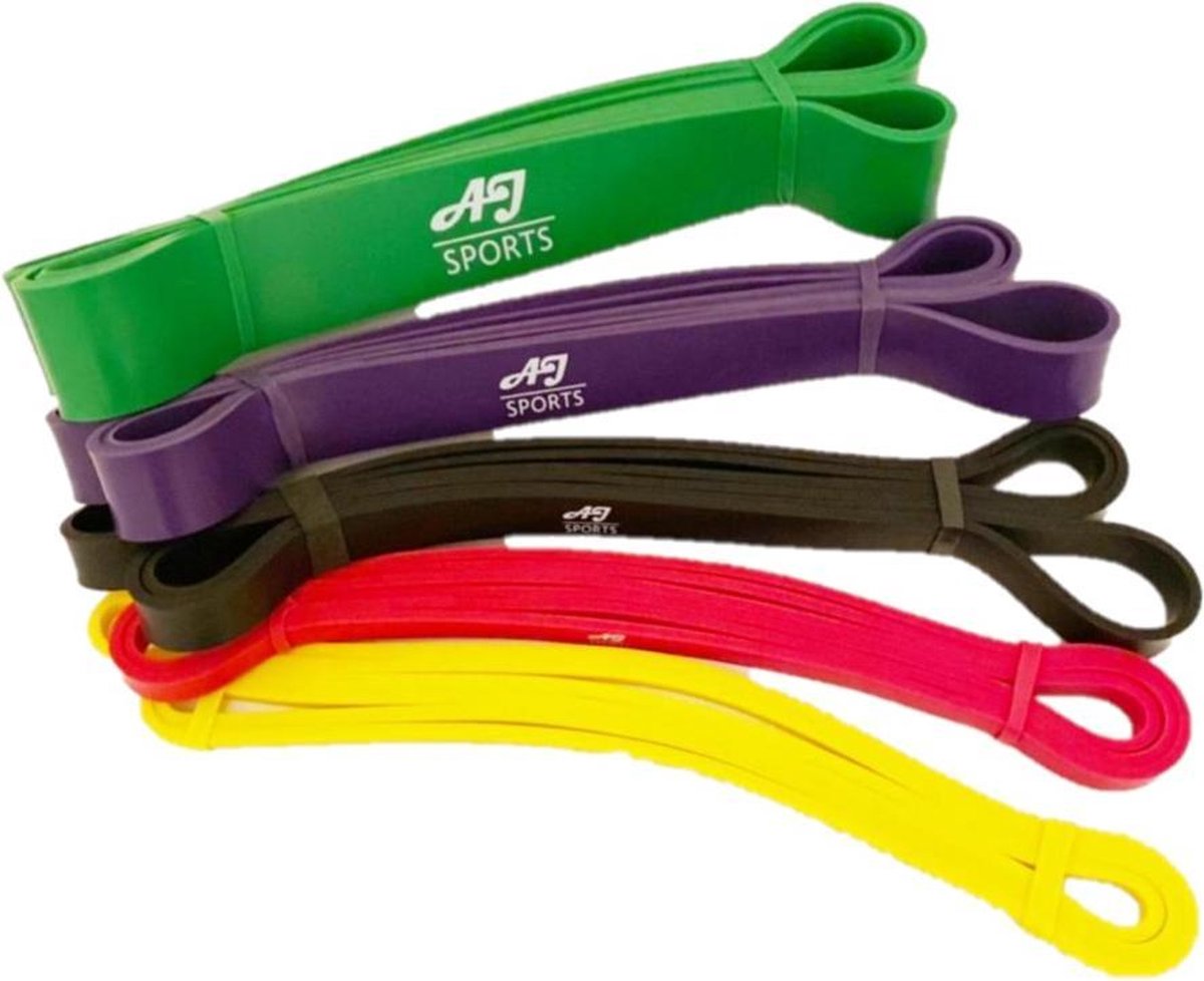 AJ-Sports Weerstandsbanden - Pull up bands - Power bands - Set van 5 banden - 5 verschillende Weerstanden - Fitness elastiek - Pull up Pack Crossfit - Powerlifting banden - Home workout - Inclusief draagtas