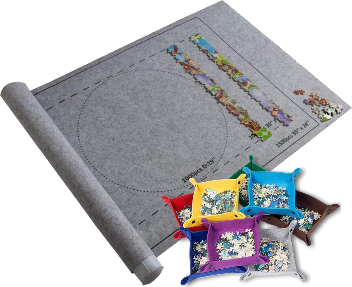 Puzzelmat voor Legpuzzel Inclusief 8 Puzzelbakjes | XL | Opblaasbaar | Puzzeloprolmat | Puzzelrol | Puzzel Opbergsysteem met Sjabloon | 115x60cm | 1500 Stukjes | Grijs Vilt | Puzzel Sorteerbakken | Puzzelbakjes | Puzzelset Compleet