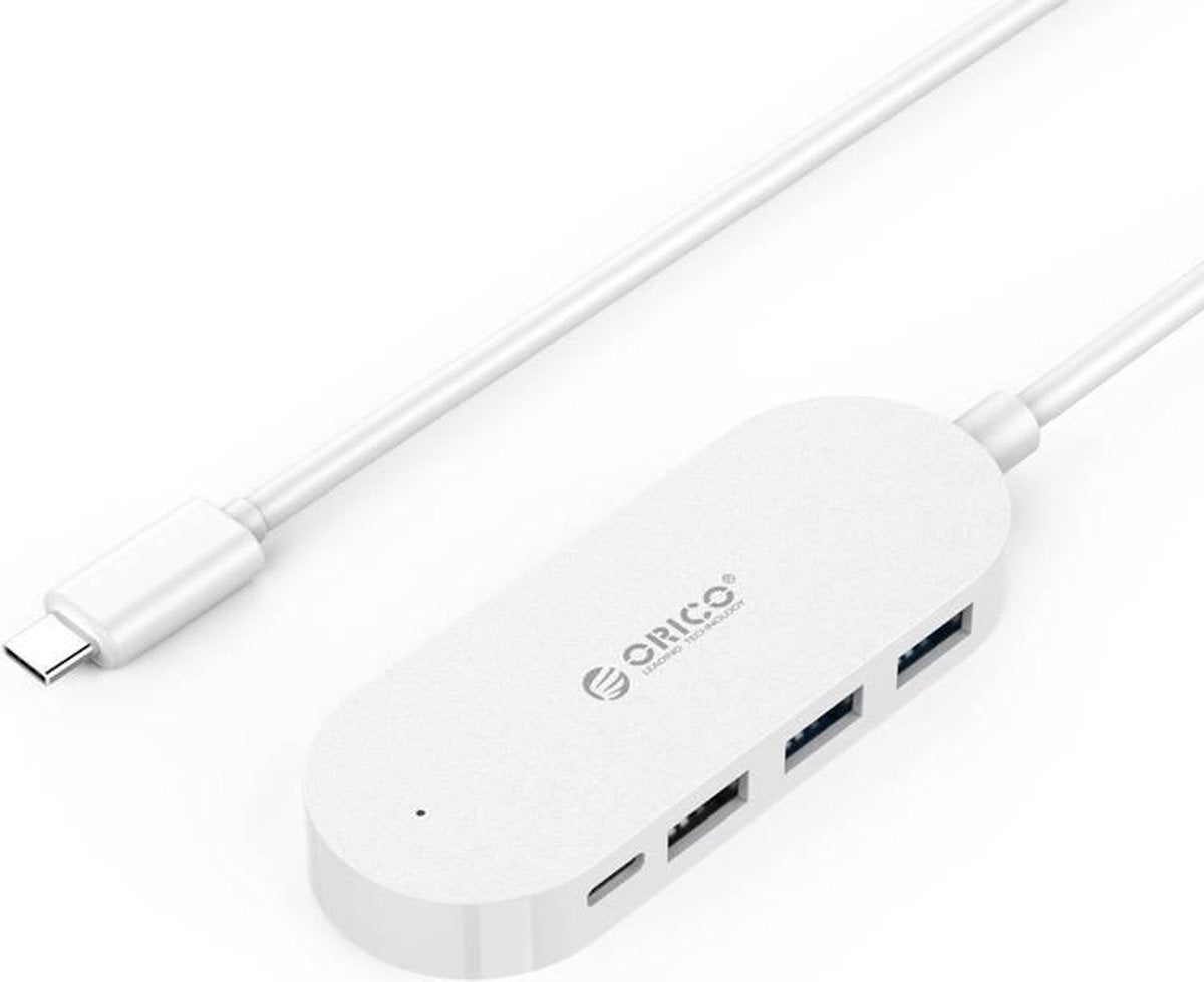 Type-C hub met 3 USB-A poorten en 1x USB-C poort - Geïntegreerde kabel van 30 cm - LED-indicator - Wit