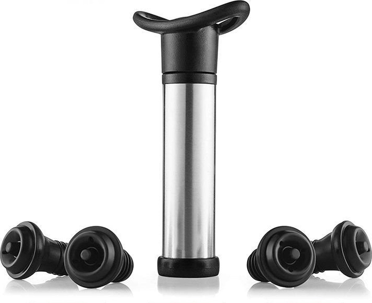 DG Design Wijn Vacuüm pomp - Wine saver - Wijn bewaren - Inclusief 2 afsluitdoppen - Wijnstopper - Flesafsluiter - Wijnflesafsluiter - Flessenstop - Lekt niet - RVS